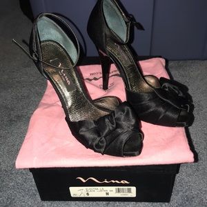 Nina black satin heel sandals with bow size 6